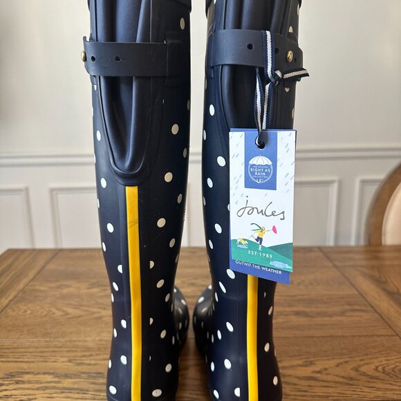 Joules Wellies Tall Rain Boots Womens Size 9 - Navy with White Polka Dots - NWT - Picture 4 of 11